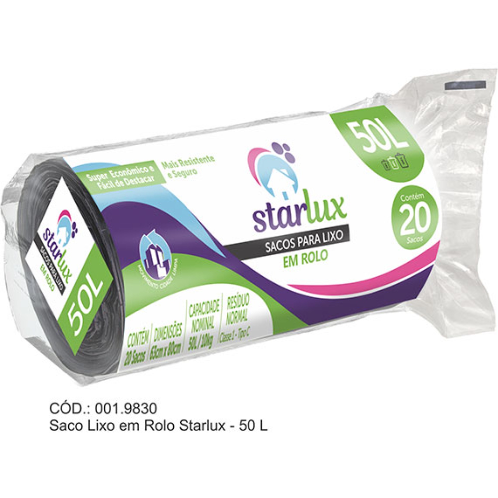 Saco de Lixo Starlux UD Preto Rolo 50L com 20 Unidades