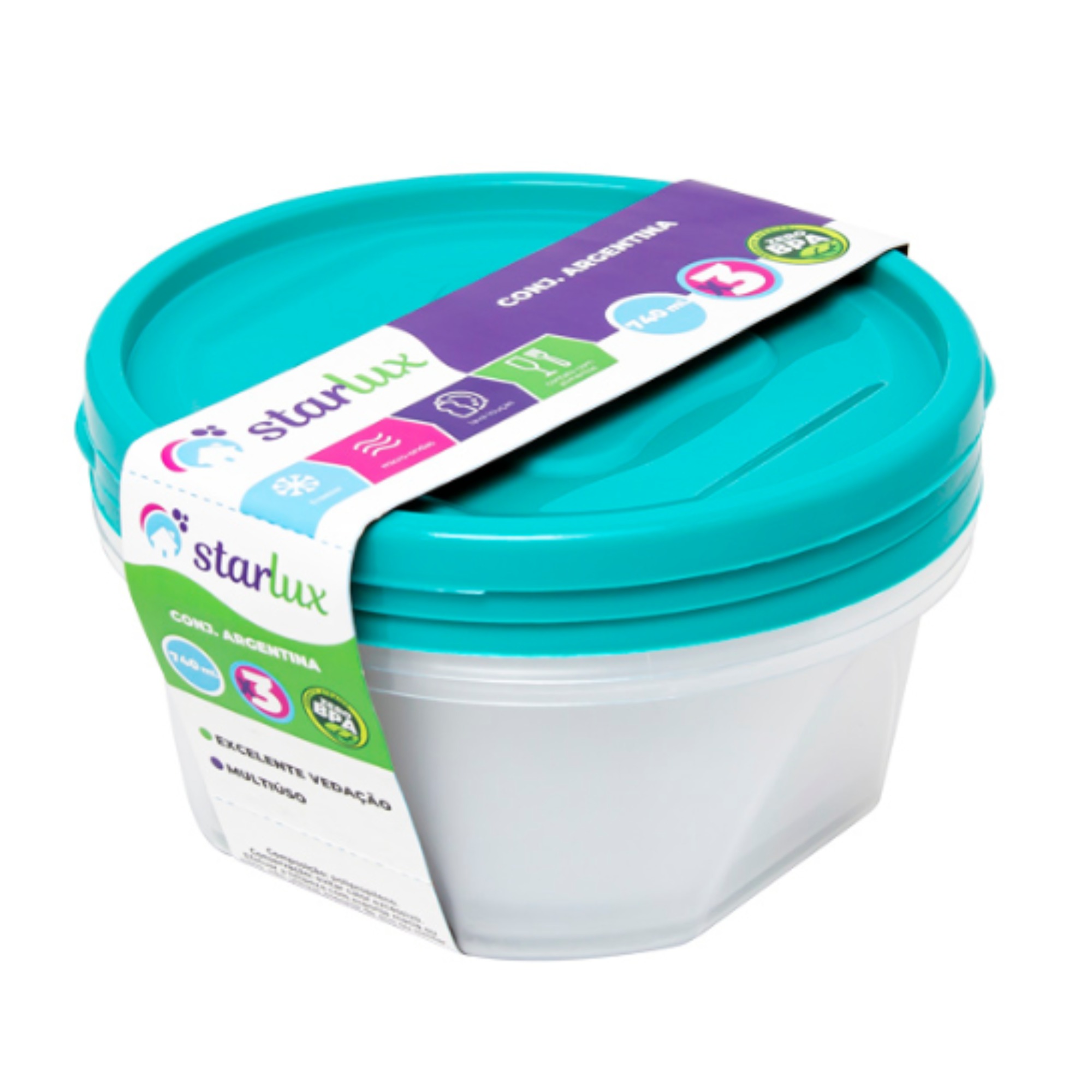 Kit de Potes Plásticos Starlux UD com 3 Unidades Ovais de 750ml