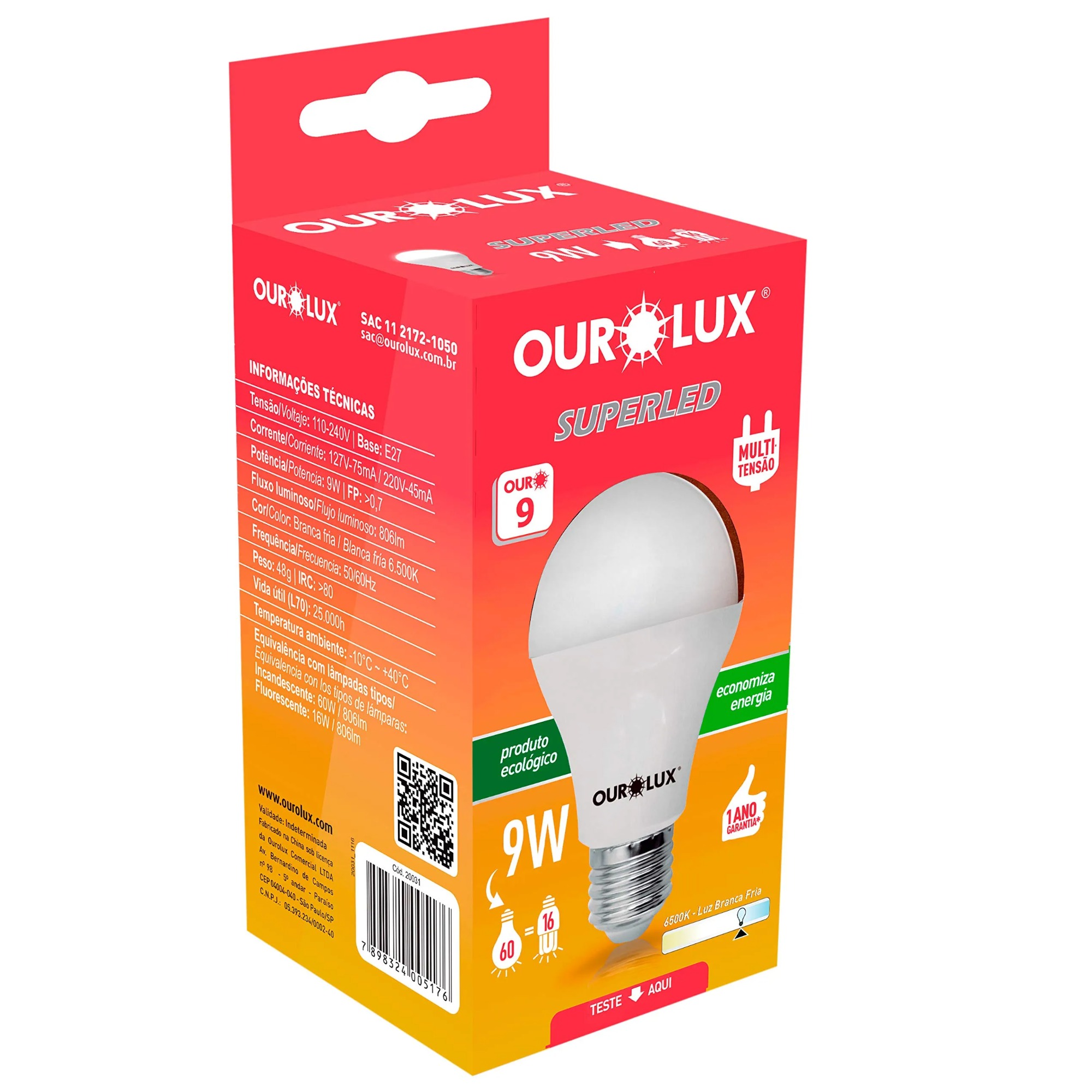 Lâmpada Ourolux Led Branca 9W Bivolt