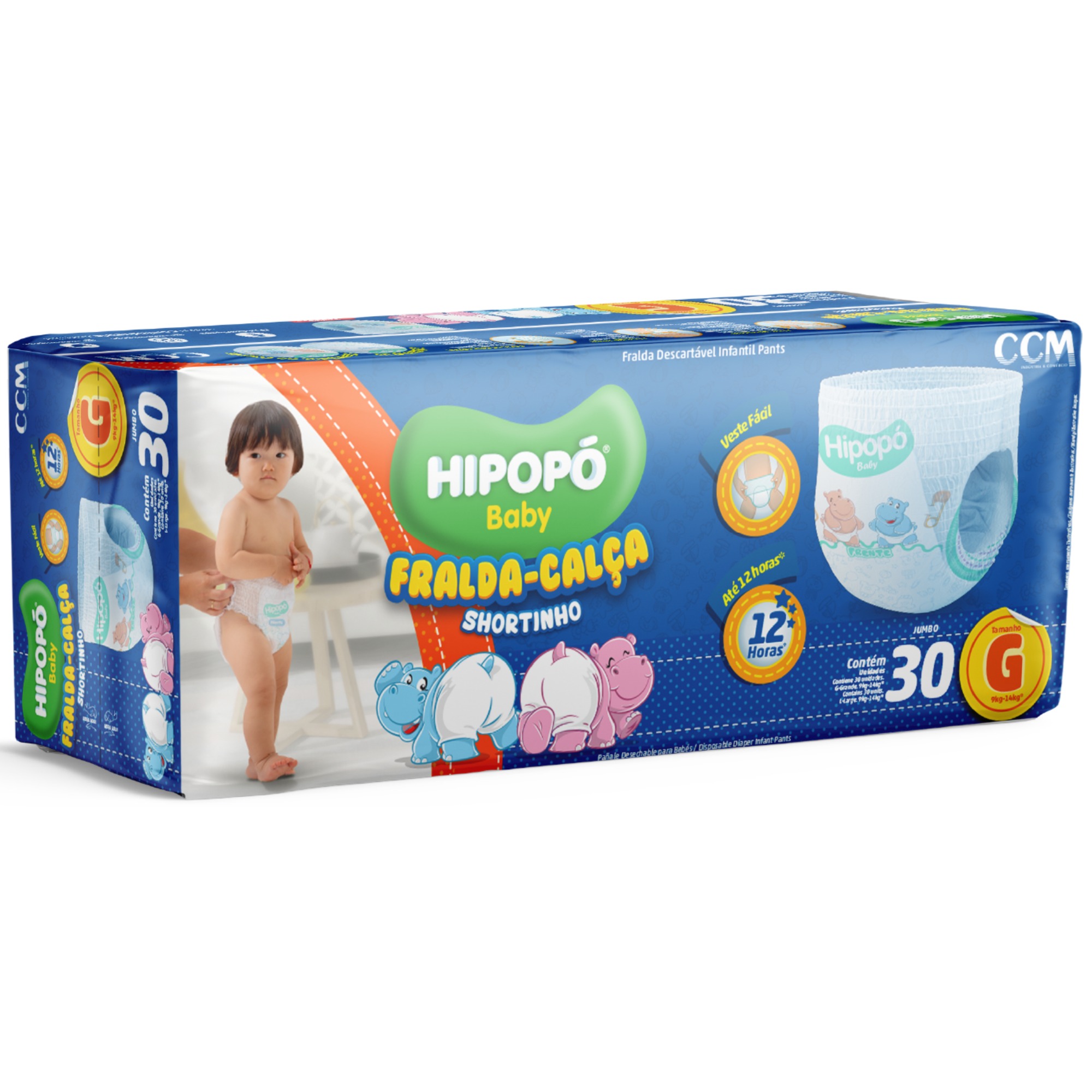 Fralda-Calça Shortinho Hipopó Baby Jumbo G Com 30 Unidades