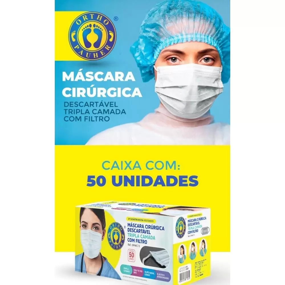 Máscara Cirúrgica Tripla Camada Com Filtro Com Elástico E Clipe Nasal 50 Unidades