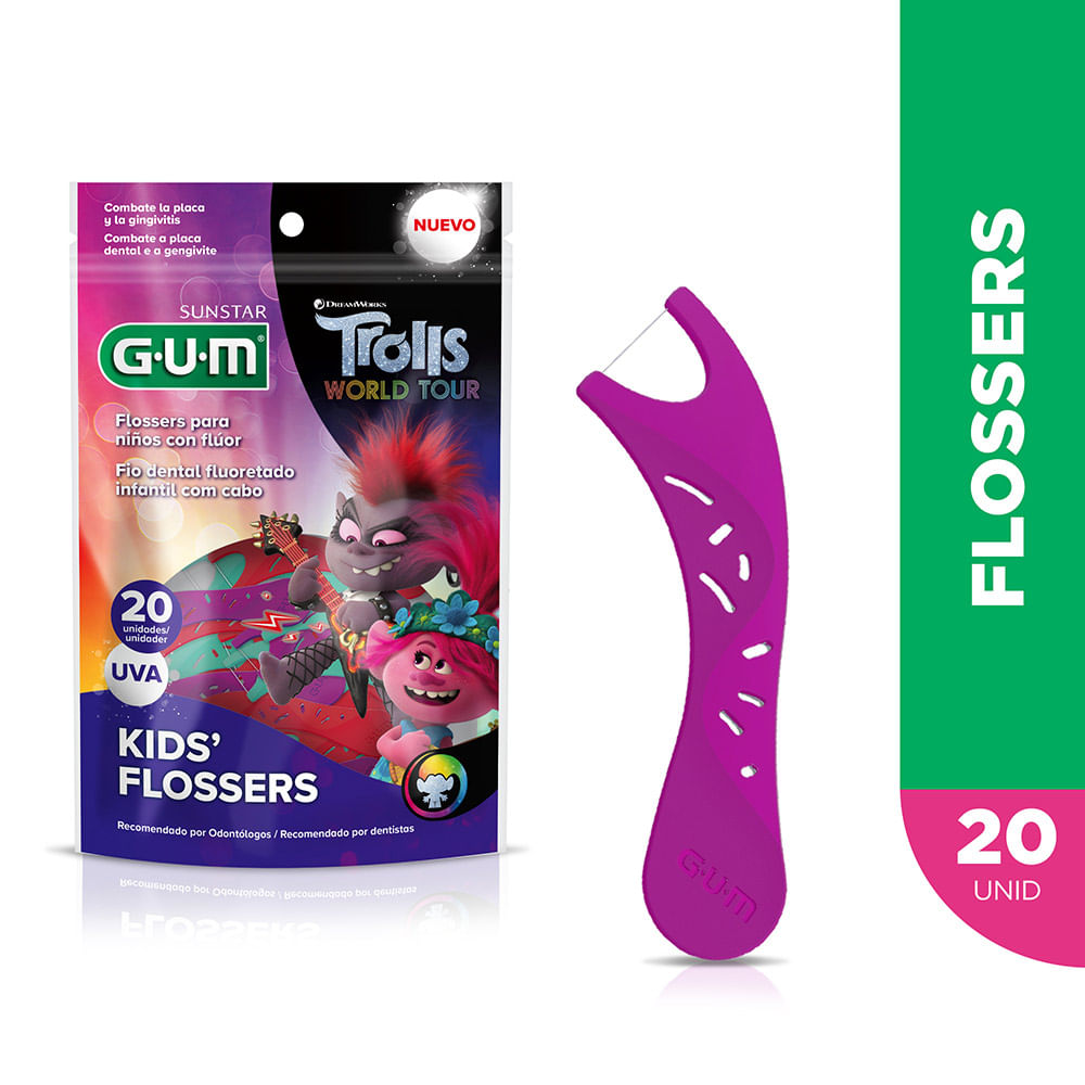 Fio Dental Infantil Flossers Gum Trolls Sabor Uva 20 Unidades
