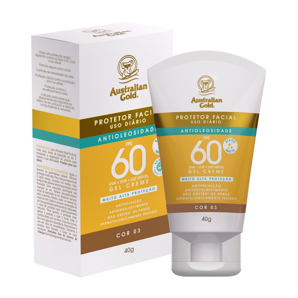 Protetor Solar Facial Australian Gold Antioleosidade Gel Creme Cor 03 FPS60 40g